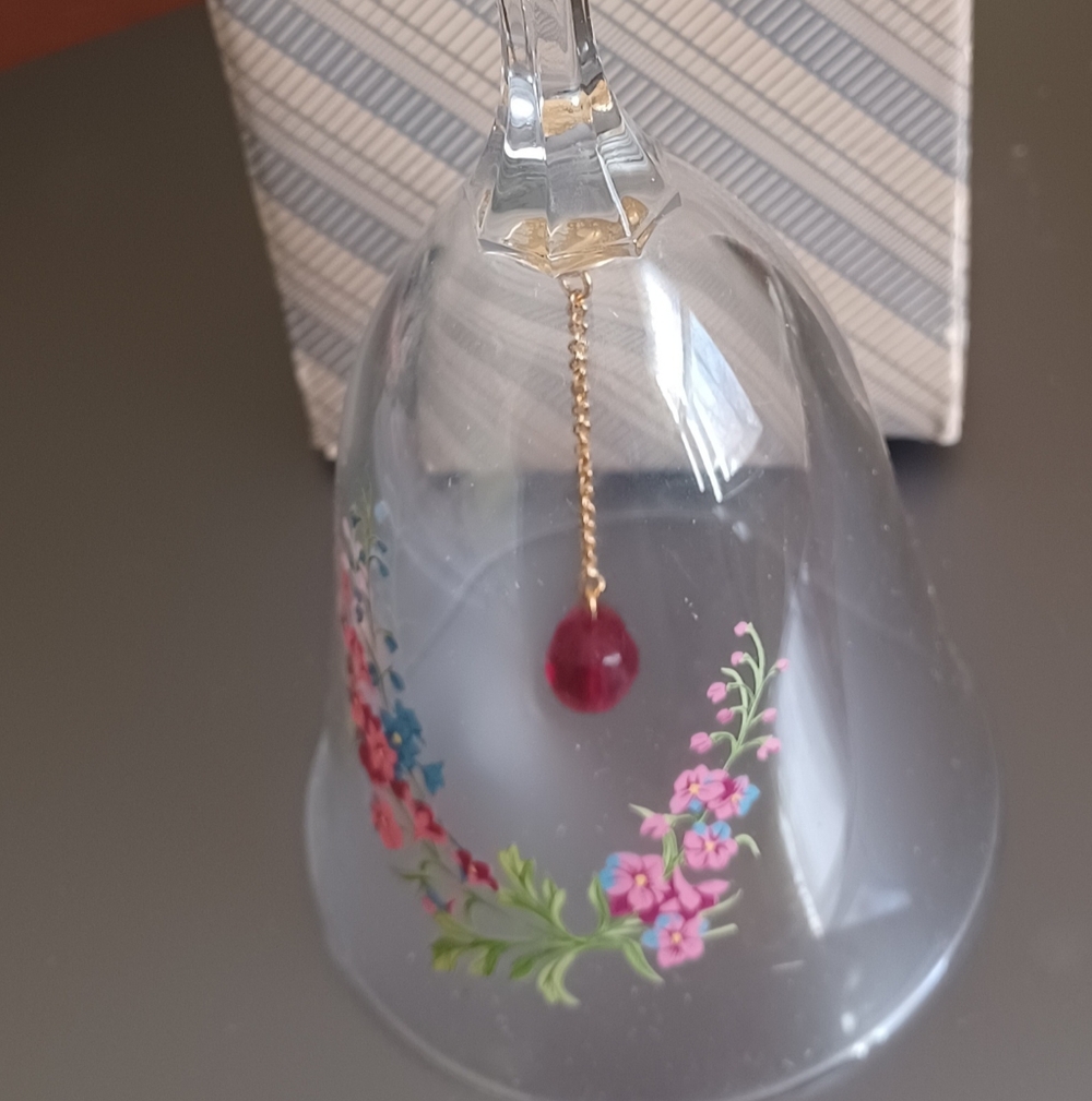 Avon Glass Bell with Gold Chain and Red Floral Design